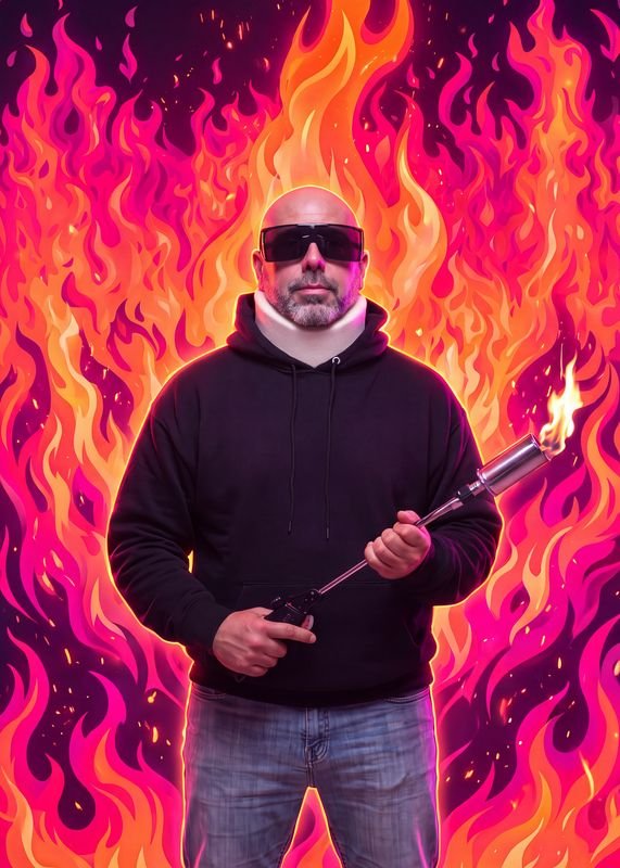 A calm man in shades and a black hoodie in front of a wall of hot pink and orange flames.