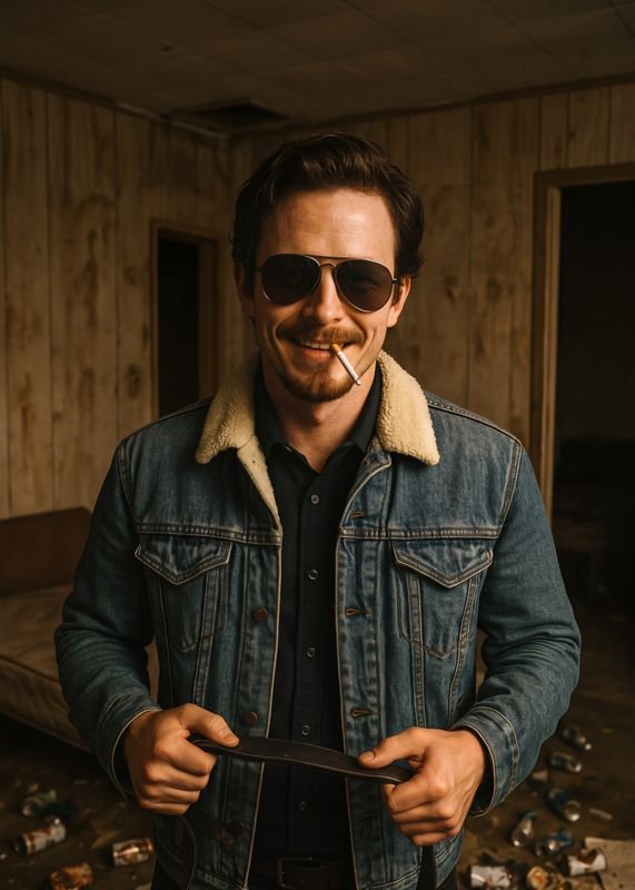 A grinning man in a sherpa denim jacket and aviators, lit warm and low in a wood-panelled room.